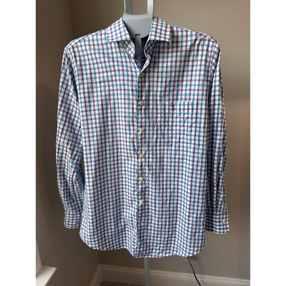 Peter Millar Crown Collection Button Down Shirt Mens M Blue Purple Check Cotton